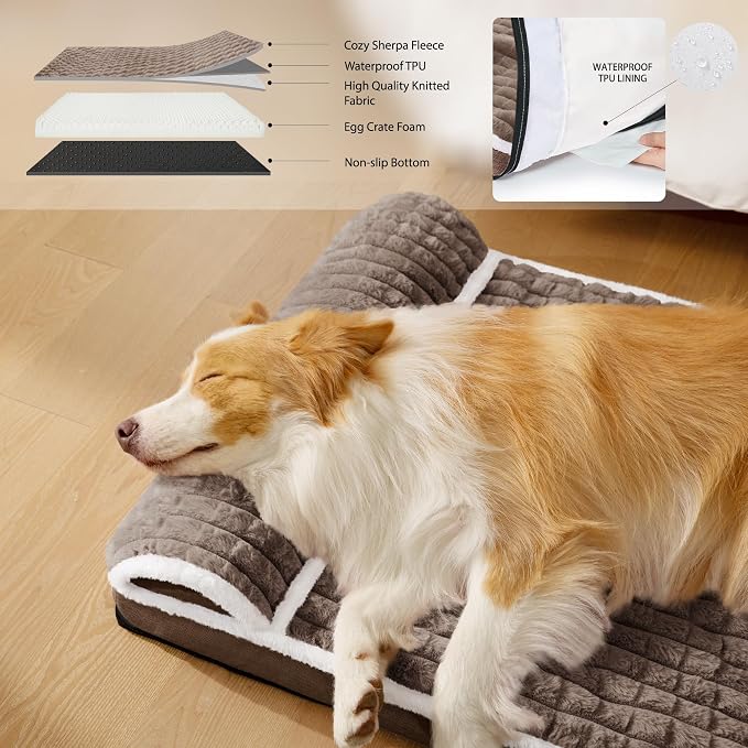 Orthopedic Large Dog Bed Pillow Pet Sofa Bed 56''X40'' Taupe | Egg-Crate Foam Pet Couch Large Sized Dog, Waterproof Removable Washable Cover,Furry Puppy Crate Mat With Nonskid Bottom