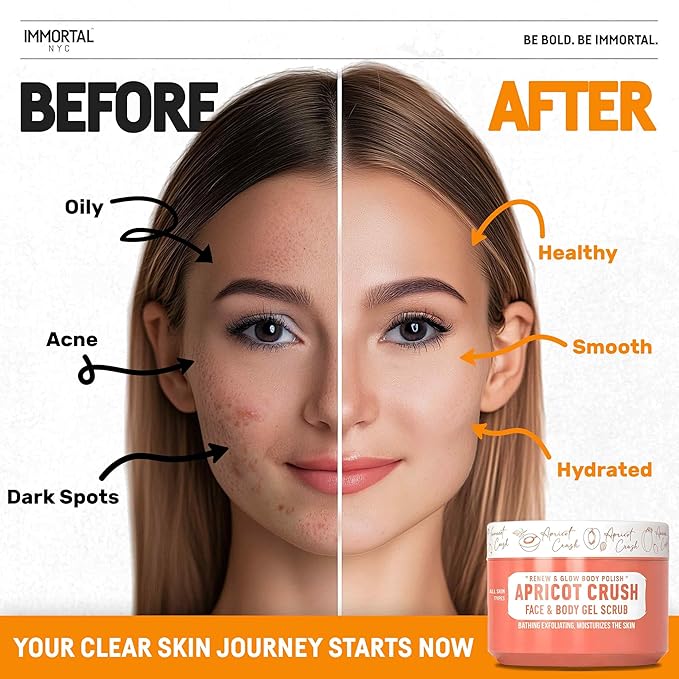 Immortal NYC - Apricot Crush Face & Body Scrub Mask Gel- Moisturizing and Exfoliating Body, Face, Hand, Foot Scrub - Fights Acne, Fine Lines & Wrinkles, Great Gifts For Women & Men - 10 oz