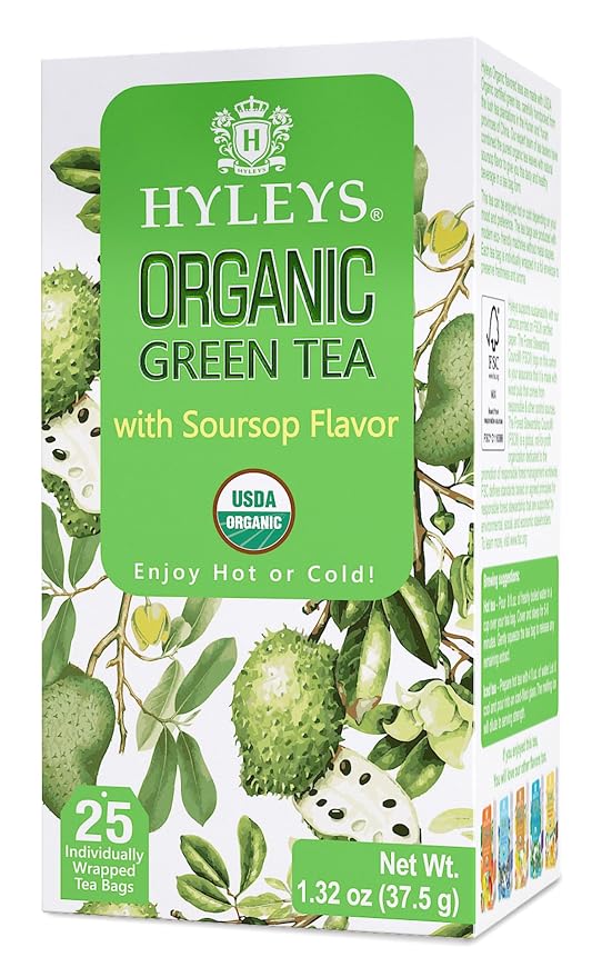 HYLEYS Organic Green Tea with Soursop Flavor, 150 Individually Wrapped Tea Bags (6 Pack of 25) - USDA Organic Graviola Guanabana Tea with Light Caffeine