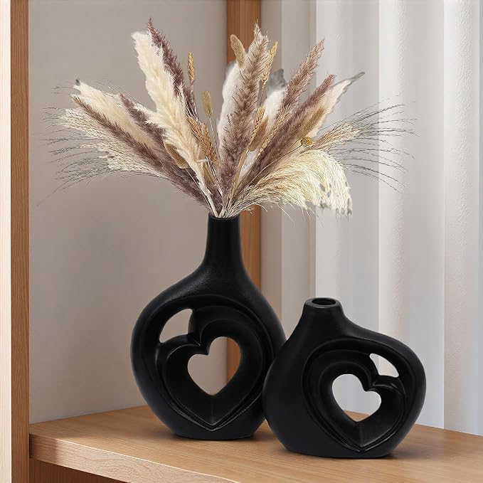 Matte Black Heart Shaped Hollow Ceramic Vase Set of 2 | Modern Minimalism Styles, Mid Century Nordic Aesthetic, Home Table Decor, 8.5in
