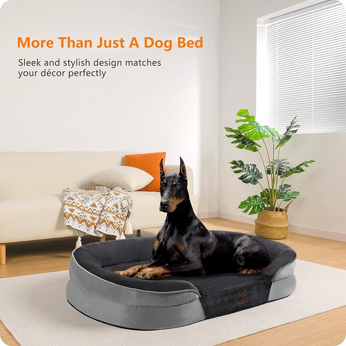 Dwanton Orthopedic Waterproof XX-Large Dog Bed Sofa, Gel Memory Foam, 48" | Egg-Crate Foam Dog Sofa, Washable Pet Bed with Four Sided Bolster Cushion, Removable Cover & Non-Slip Bottom, Dark Grey