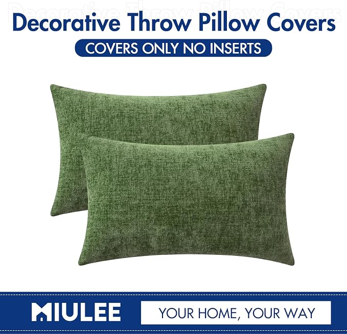 MIULEE Soft Chenille Lumbar Throw Pillow Covers Moss Green 12x20 Pack of 2 | Modern Home Decor, Classic Decorative Pillows, Solid Dyed Cases, Boho Couch Cushion Covers for Sofa Bed Living Room