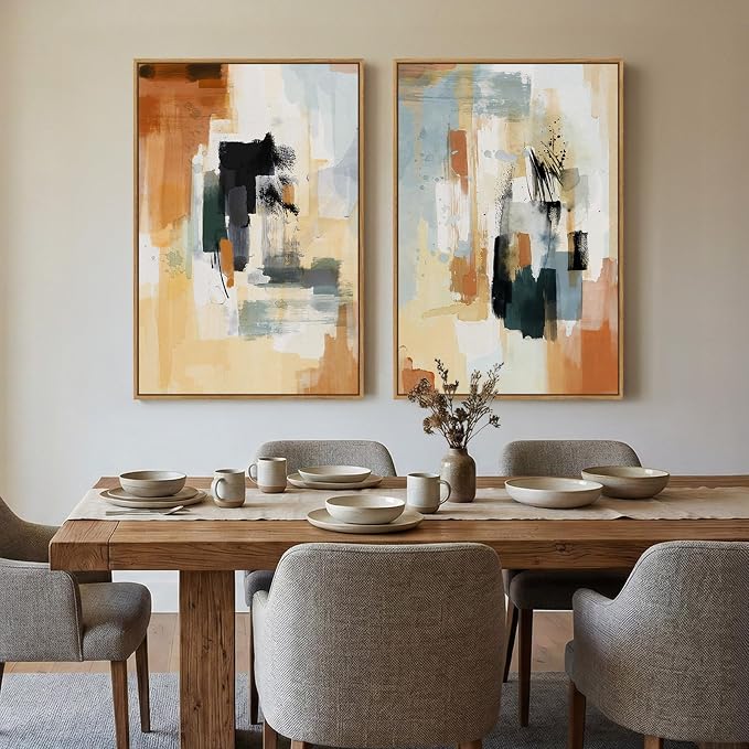 Large Framed Neutral Abstract Wall Art, Set of 2 Modern Canvas Prints Paintings Artwork for Walls, Minimalist Colorful Pictures for Living Room Bedroom Dining Room Hallway Lounge Wall Decor 24x36 In