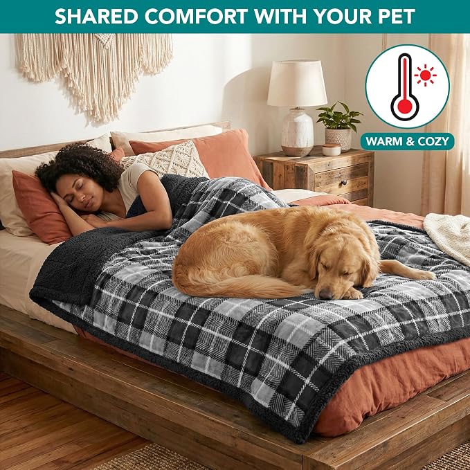PetAmi Waterproof Dog Blanket for Large Dog Cat Pet, 60x80, Plaid Grey | 460 GSM Sherpa Fleece Reversible, Pee Proof, Furniture Protector Cover for Couch Sofa Bed Kennel, Washable, Extra Large