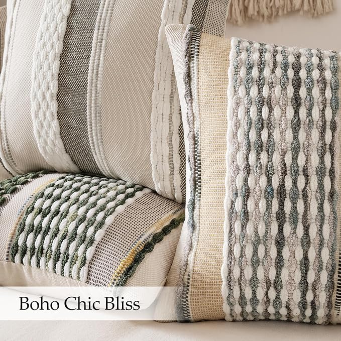 ANRODUO Boho Decorative Pillow Covers Gray Blue Stripe 24x24 Inch Pack of 2 | Euro Throw Pillow Covers, Farmhouse Cushion Case, Chenille Pillow Cases, Pillow Covers, Neutral Pillowcase for Sofa Couch Bed