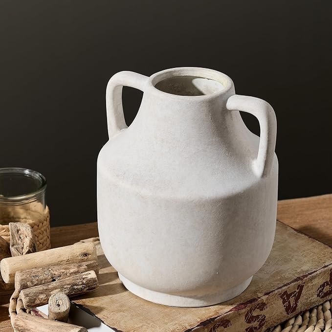 Mitt&Ditt Ceramic Flower Vase with Handles, 8 inch Tall Off-White Vase, Decorative Terracotta Vases, Farmhouse Rustic Pottery Vases for Home Decor, Living Room, Table