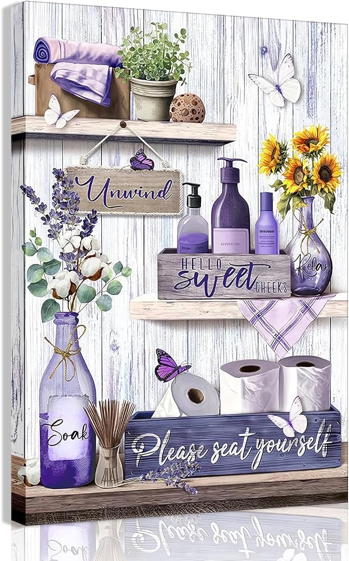 Purple Bathroom Canvas Wall Decor Relax Soak Canvas Wall Art Unwind Bathroom Washroom Print Poster Please Seat Yourself Painting Pictures Artwrok 16x24 In