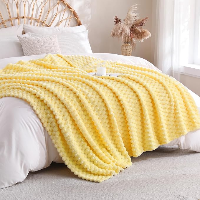 Bright Yellow Fleece Throw Blanket 60”×80” for Couch Sofa Bed Super Soft Cozy Plush Microfiber Flannel Blanket with 3D Jacquard Decorative Lightweight for Mom Woman