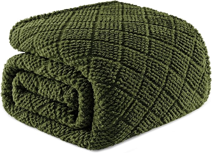 Whale Flotilla Soft Fleece Queen Size Blanket for Bed, Olive | Jacquard Waffle Blankets for Home Decor, Lightweight and Cozy, All Season Suitable, 90x90 Inch