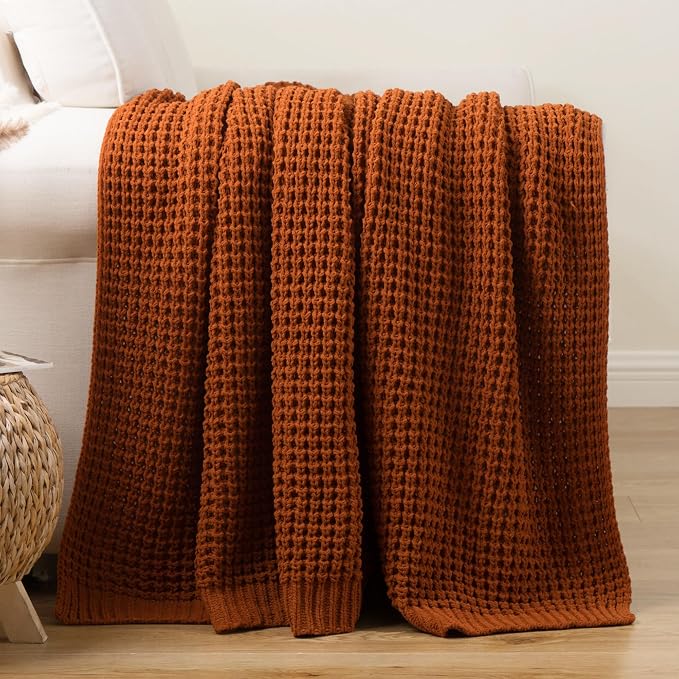 Waffle Knit Blanket Throw, Fall Caramel Throw Blanket for Couch, 60"x80" | Chunky Chenille Throw Blanket, Soft Rust Throw Blanket for Home Decor, Autumn, Sofa, Modern Farmhouse Knitted Style
