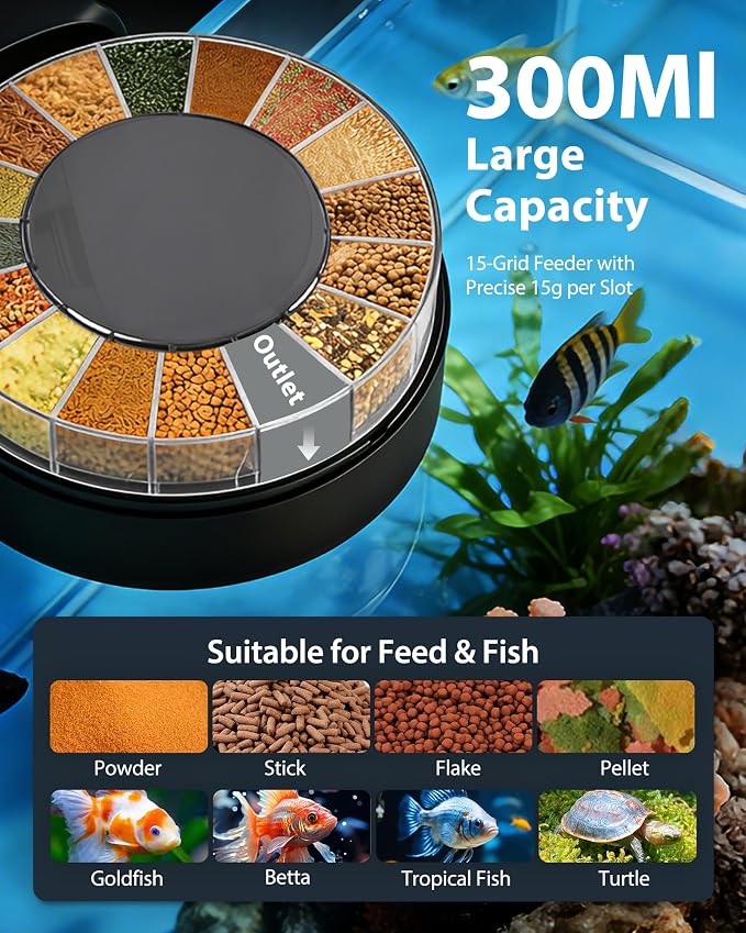 Automatic Fish Feeder Dispenser for Aquarium: Auto Precision Food Feeding 300ml Large Capacity for Powder Flakes Pellet, Battery Feeders Timer for Small Tank Turtle Betta Koi Vacation Weekend Day