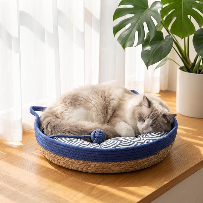 VIVIKIT Natural Cattail Cat Bed for Indoor Cats, 18.1" x 4.7"（Blue） | Natural cattail, cotton trim, all season, scratch-proof, teaser ball, removable washable pad, for cats & dogs up to 22 lbs
