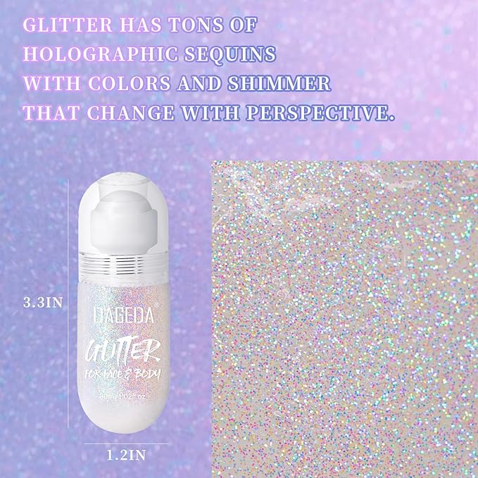 DAGEDA Body Glitter Gel, Roll-on Face Glitter for Mermaid Makeup Festival Rave Accessories, Holographic Hair Glitter Gel,Body Shimmer Halloween Makeup for Rave Party (Dazzle)