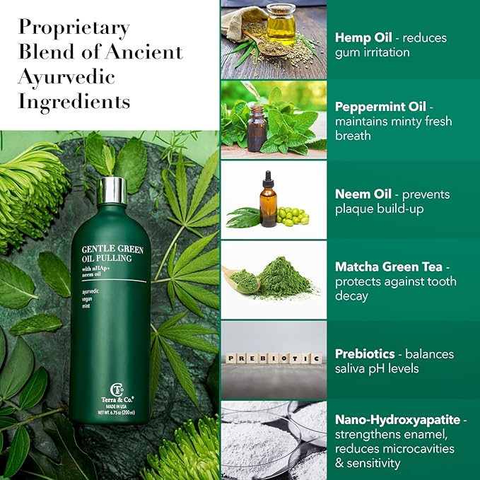 Terra & Co. Nano Hydroxyapatite Gentle Green Oil Pulling - Vegan Natural Mouthwash for Teeth and Gum Health – Alcohol-Free and Fluoride-Free - Made with Cold Pressed Plant Oils | 6.75 oz