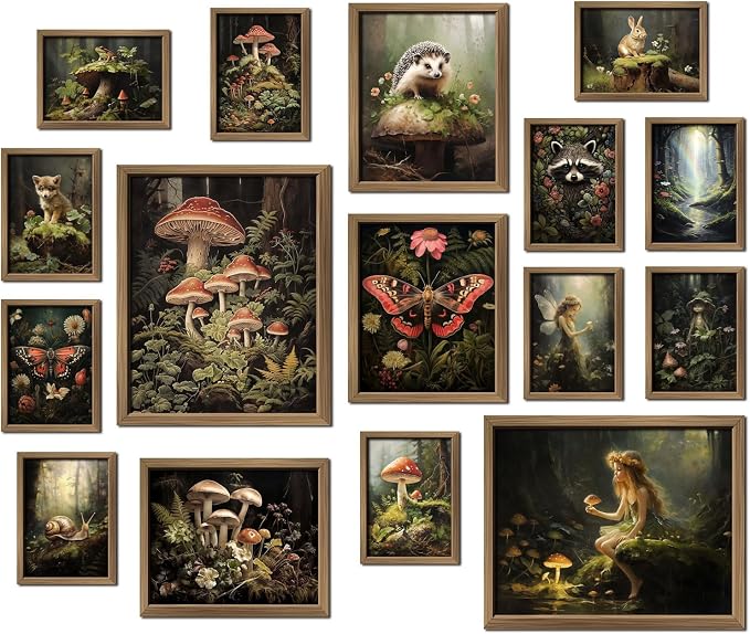 ANERZA 16 PCS Dark Cottagecore Wall Art Decor, Cottage Core Gallery Wall Prints for Bedroom, Fairycore Posters for Living Room Aesthetic, Nature Forest Mushroom Collage Kit, Whimsical Dorm Home Decor
