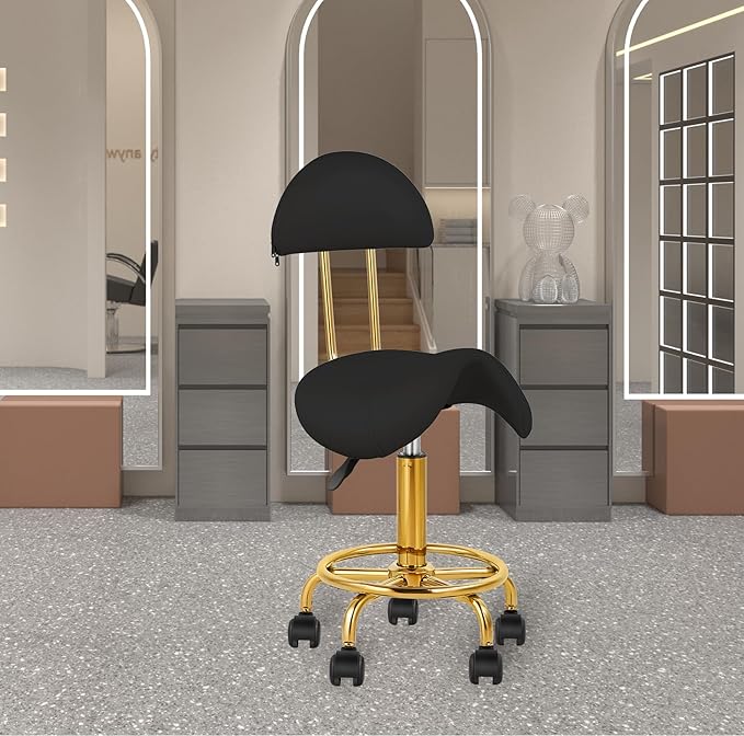 Saddle Chair Rolling Ergonomic Swivel Chair with Soft Comfortable Cushion and Wheels Hydraulic Adjustable Stool for Home Office Dental Tattoo Salon Shop Use with Backrest (BlackGold)