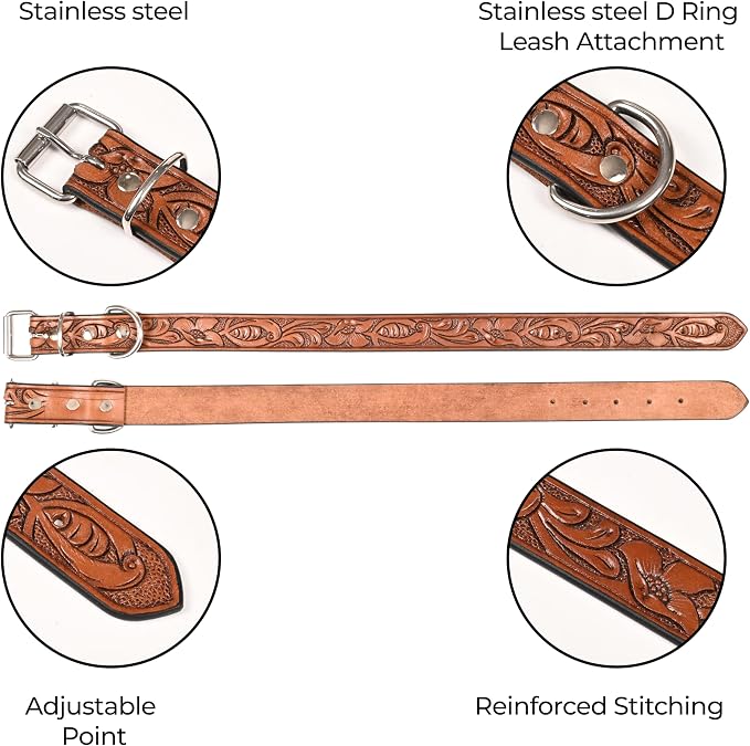 TARICO Adjustable Leather Dog Collar for All Breeds, Heavy Duty Non Padded Pet Collar with Engraved Design Durable Metal Buckle - Tan (Large: Fits 17–21" Necks)