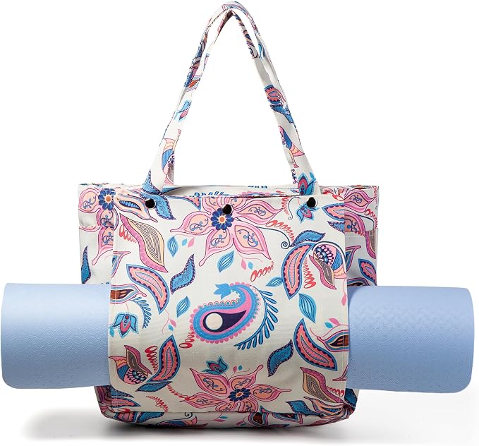 Floral Paisley Pattern Yoga Bag, Canvas Tote with Blue and Pink Design, Spacious Carrier for Yoga Mat and Accessories