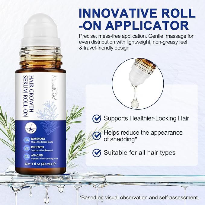 Hair Growth Serum Roll On, Hair Growth Serum Rosemary Oil Helps Hair Growth for Men and Women, Support Scalp Health, Fast-Absorbing, Non-Greasy (30ml)