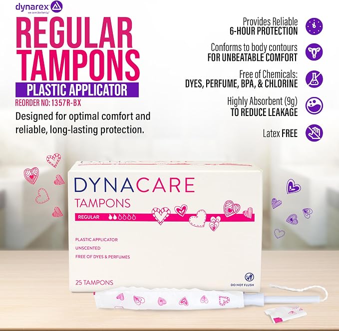 Dynarex Regular Tampons – Feminine Hygiene Product with Plastic Applicator – 6-Hour Protection – 1 Box of 25 Tampons