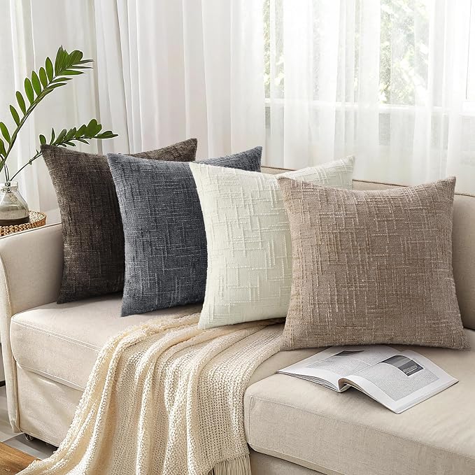 decorUhome Textured Chenille Throw Pillow Covers 20x20 Set of 2 Dark Grey | Fall Modern Farmhouse Soft Cozy Slubby Couch Pillow Cases Boho Decorative Pillow Cases for Bed Sofa Living Room Home Decor