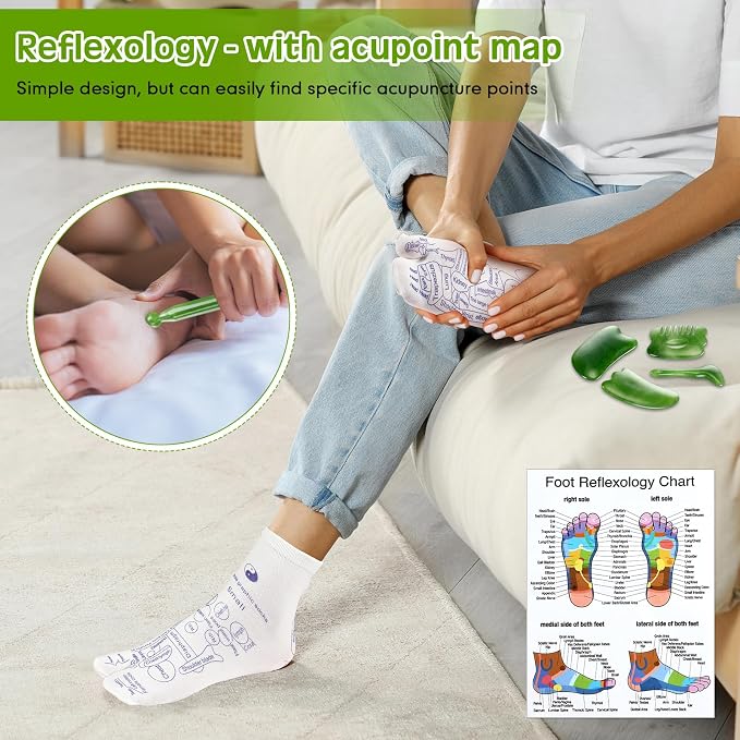Threlaco 16 Pcs Reflexology Socks and Gloves with Tools Foot Reflexology Socks with Acupressure Gloves & 8 Pcs Massage Point Tools Foot Relief Acupressure Massager Set for Women and Men(Green)