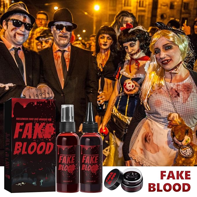 Fake Blood Makeup Kit – Realistic Halloween Fake Blood Spray & Gel for SFX, Cosplay, Costume, Stage, Zombie, Vampire, Scab Effects – Non-Toxic, Easy to Apply & Wash Off 【3-Pack】