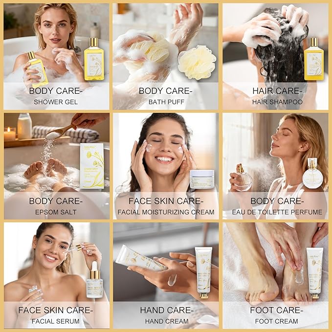 Mothers Day Gifts for Women, 23Pcs VANILLA & YLANG YLANG Spa Gift Basket for Women, Face Skin Lip Care, Bath & Body Set, Self Care Kit, Facial Cream, Birthday, Christmas, Valentines, Anniversary