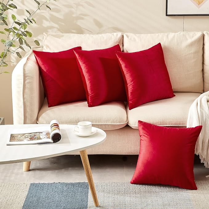 Velvet Decorative Throw Pillow Covers, Soft Square Cushion Case Home Decor for Living Room Couch Bed Sofa, Set of 2 Pack, Red, 24x24 Inch