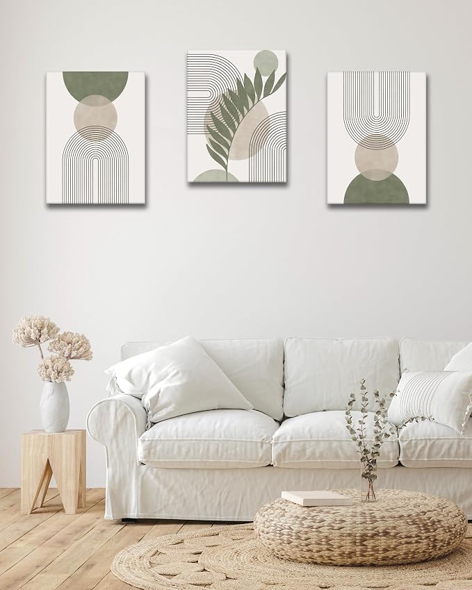 HesenDot 40x60CM Sage Green Boho Wall Art, Botanical Geometric Framed Canvas Bathroom Wall Art, Mid-Century Modern Wood Frame Abstract Prints for Living Room Bedroom Bathroom Home Decor, Set of 3