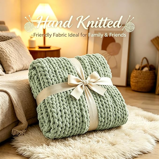 Chunky Knit Blanket Throw for Couch, 51"x63" Chunky Yarn Knitted Blankets | 100% Hand Knit Thick Chenille, Soft Breathable for Bed, Sofa, Home Decor, Cozy Gifts for Women Friends, Sage Green