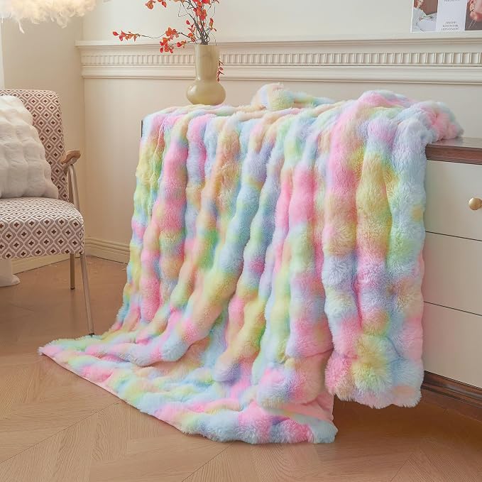 LIFEREVO Luxury Fluffy Faux Rabbit Fur Throw Blanket 50x60, Rainbow | Soft Plush Bubble Blanket for Bed Couch Sofa Office, Decorative Cute Tie Dye Shaggy Lap Throw for Kids Girls Adults, Washable