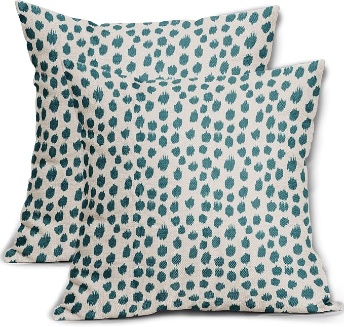 Teal Cream Pillow Covers 20x20 Set of 2 Boho Design Polka Dot Throw Pillows Modern Brush Strokes Print Decorative Outdoor Pillowcase Square Cushion Cover Linen Pillow Case for Home Sofa Couch Bed