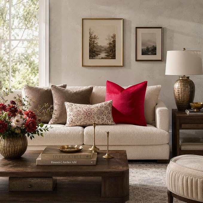 GIGIZAZA Red Velvet Pillow Covers 22x22 Decorative Pillows Pack of 2 | Throw Pillows for Couch Sofa,280gsm Soft Textured Fabric,Modern Square Pillowcases,Luxury Cushion Covers