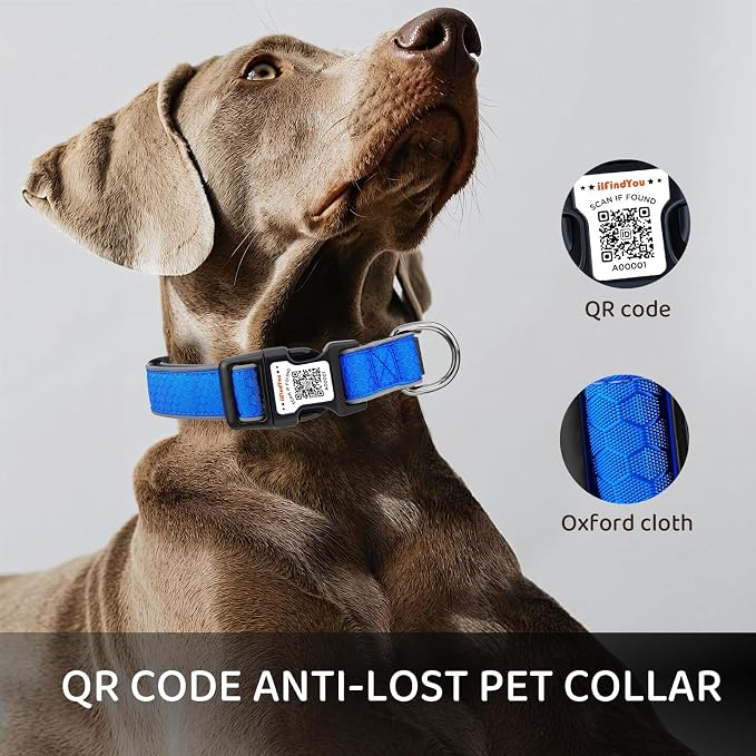 Personalized Dog Collar with QR Code Dog Tag, Oxford Blue L | Anti-lost, Oxford, reflective, padded, XS-L(8"-24"), QR buckle shares lost pet profile, location alerts when scanned, No Fees