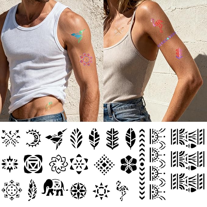 Temporary Tattoo Markers for Skin, 8 Temporary Tattoo Markers + 94 Geometry Tattoo Stencils for Kids Teens, Flexible Brush Tip & Bright Colors Body Marker and Fake Tattoo Stencil Set for Party Favor