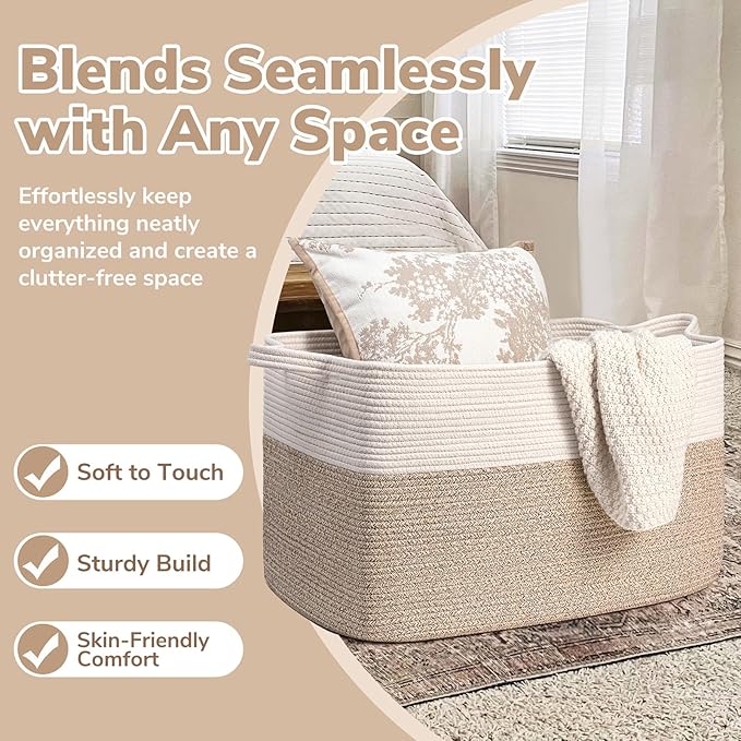 Goodpick 85L Large Woven Rope Blanket Basket, White & Light Brown | 23.6'' x 15.7'' x 13.8'' Storage Basket for Blankets, Toys & Clothes, Nursery & Bedroom Organization, Reinforced Handles