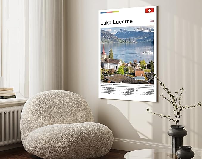 Poster Lake Lucerne Wall Art Original Design(30"x20" Metal Frame) Switzerland Alps Landscape Print European Travel Scenery Nature Photography Swiss Mountain View Picture