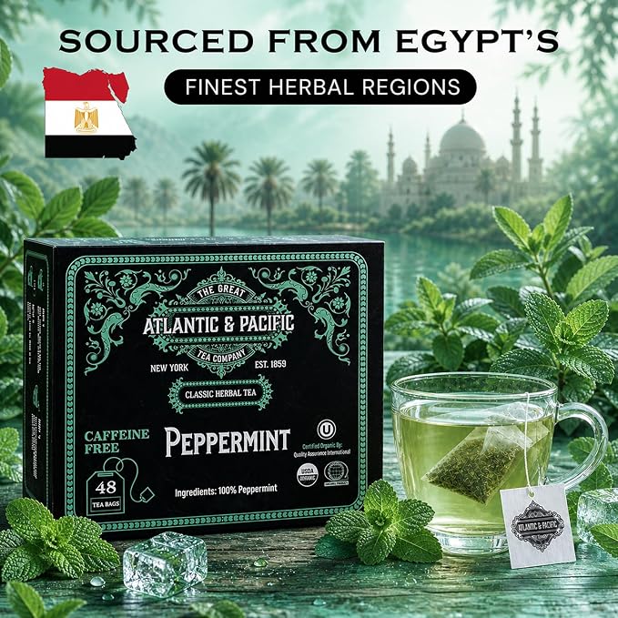 A&P Coffee Peppermint Tea Bags, 48 Count, Refreshing Mint Herbal Tea, Naturally Caffeine Free, Hot or Iced Tea, Premium Organic Tea Bags, Fresh Aroma, Smooth Taste