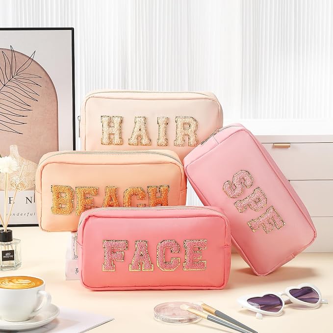 Preppy Makeup Bags Chenille Letter Stuff Bag Nylon Cosmetic Pouch Cases with Zipper for Women Travel Toiletry (Resort Colors,Classic,4 Pcs)