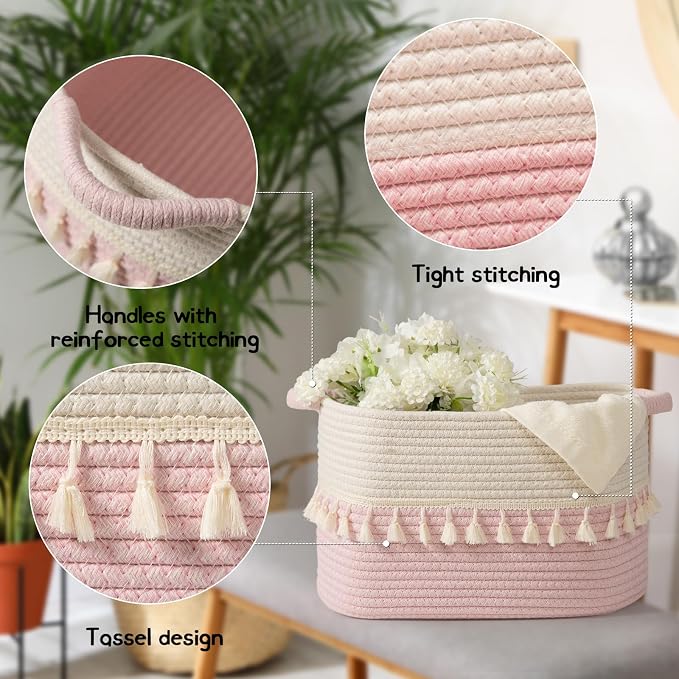 TeoKJ Storage Baskets 2 Packs, Storage Basket for toys,Towel, Storage Bins, Woven Basket for Shelves Bedroom Laundry Nursery, White & Pink