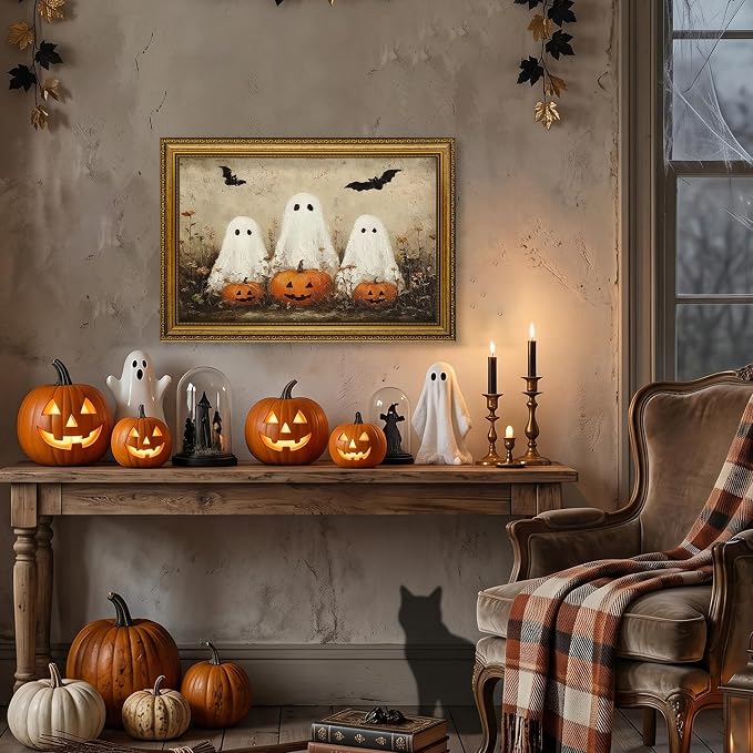 JLTULT Cute Ghost Halloween Wall Art, Vintage Framed Canvas, 8 x 10 In | Cute ghosts and pumpkins on fade-resistant canvas with a ready-to-hang ornate PS frame for entryways and Halloween displays