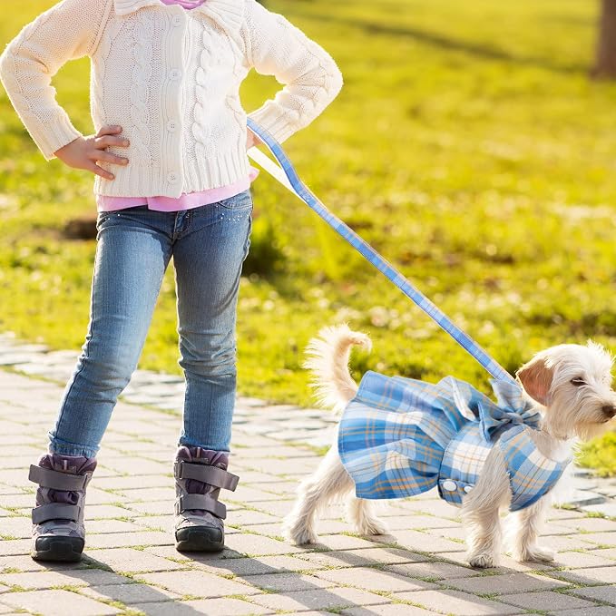 Potchen 4 Pcs Plaid Dog Dresses with Bow Harness and Leashes,M,Dark Color