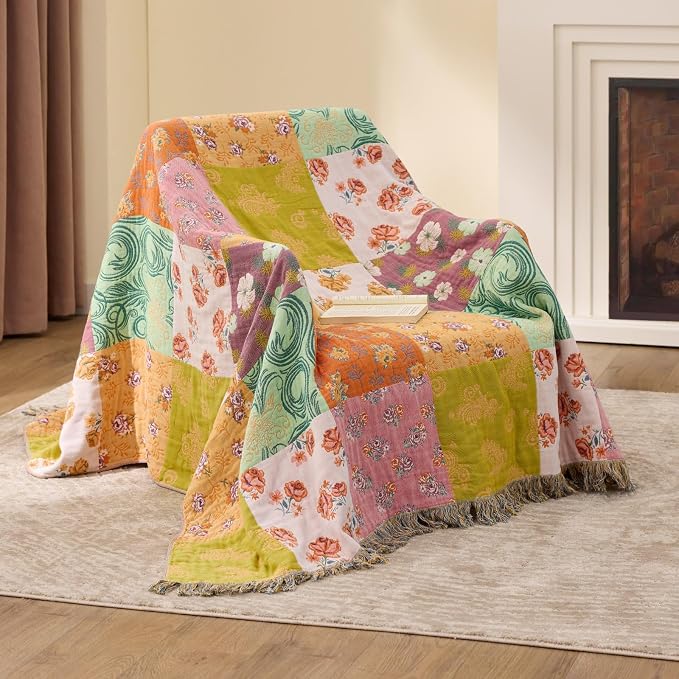RILIHO 100% Cotton Boho Throw Blanket for Home Decor – Classic Farmhouse Quilt Bedding, Muslin Blankets for Adults, Vintage Woven Decorative Blanket for Couch, Bed Layering Use, Patchwork, 104"x90"