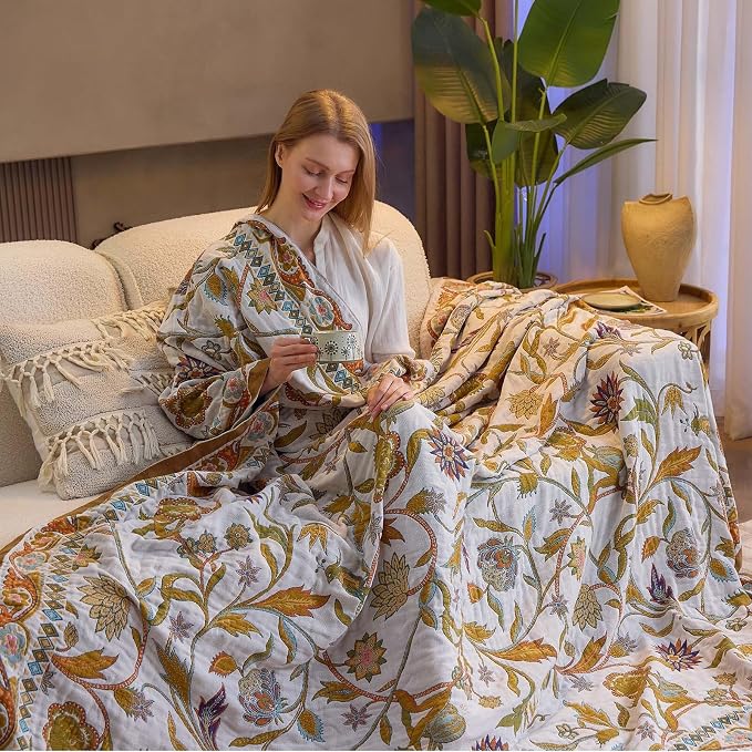 XIBLC Fall Throw Blanket for Couch, Brown Boho Decorative Throw Blanket, 100% Cotton Muslin Breathable Woven Farmhouse Blankets Quilt, 60"x80" Reversible Lightweight Blankets Bohemian Throw Quilt