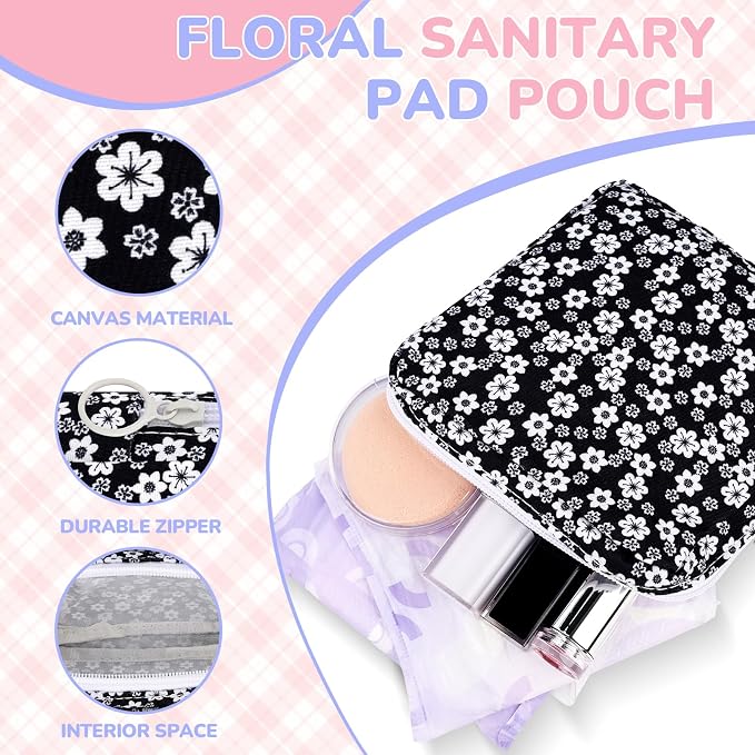Floral Sanitary Pad Pouch Canvas Period Pad Bags for Women Black | Discreet, Portable, Menstrual Cup and Sanitary Napkin Storage, First Period Kit Storage, Tampon Bag