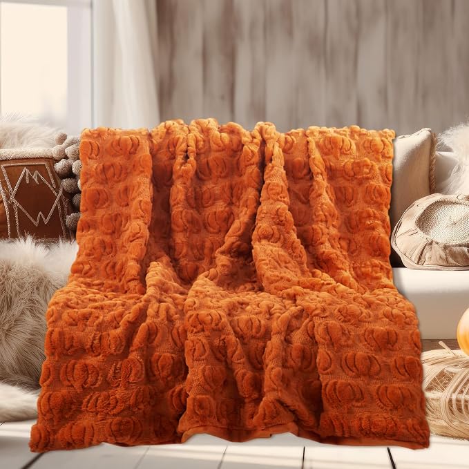 Tegeme Fall Halloween Pumpkin Throw Blanket 50" x 60", 3D Pumpkin Pattern Faux Rabbit Fur Fleece Blanket, Soft Cozy Rust Autumn Throw for Couch Sofa Bed, Thanksgiving Gift for Women Mom(Rust)