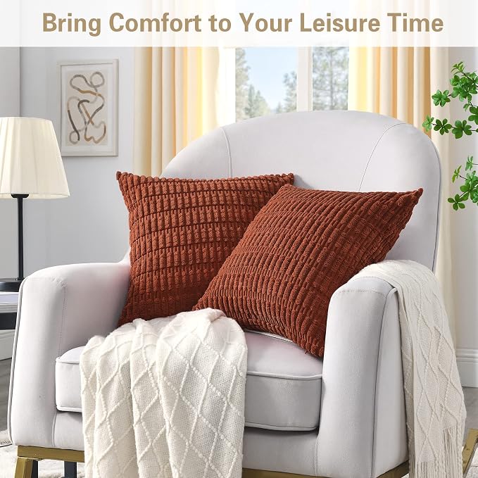 Volcanics Pack of 2 Rust Decorative Throw Pillow Covers 20x20 Inch | Soft Corduroy Striped Square Cushion Cases, Modern Farmhouse Boho Home Decor for Couch Bed Sofa Living Room