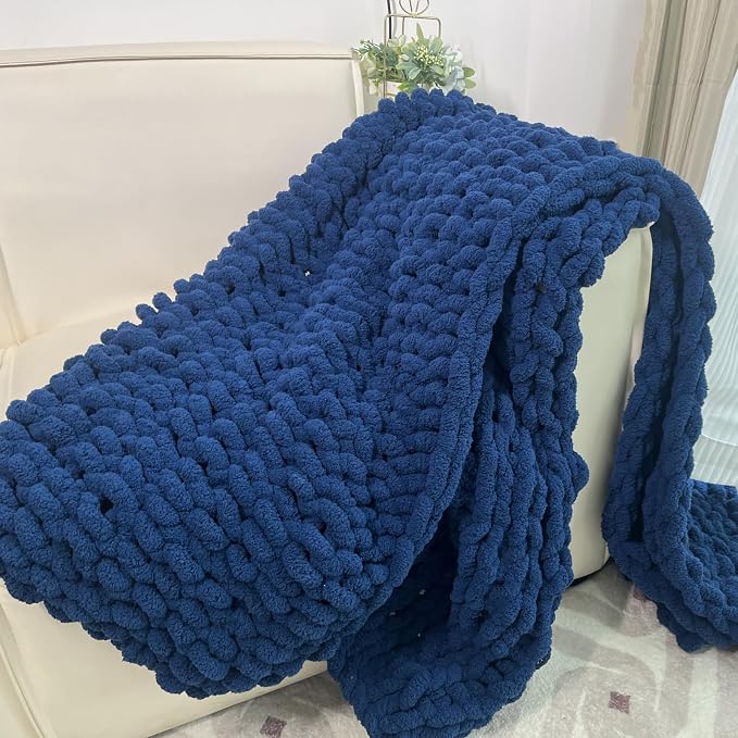 Soft Chunky Knit Throw Blanket for Couch, Cozy Warm Knitted Blankets | Hand Knit with Jumbo Chenille, Lightweight Warm Fluffy Decor for Women, Mom, Her & Girls, Sofa, Chair, Bed,40"×60"(Navy Blue)