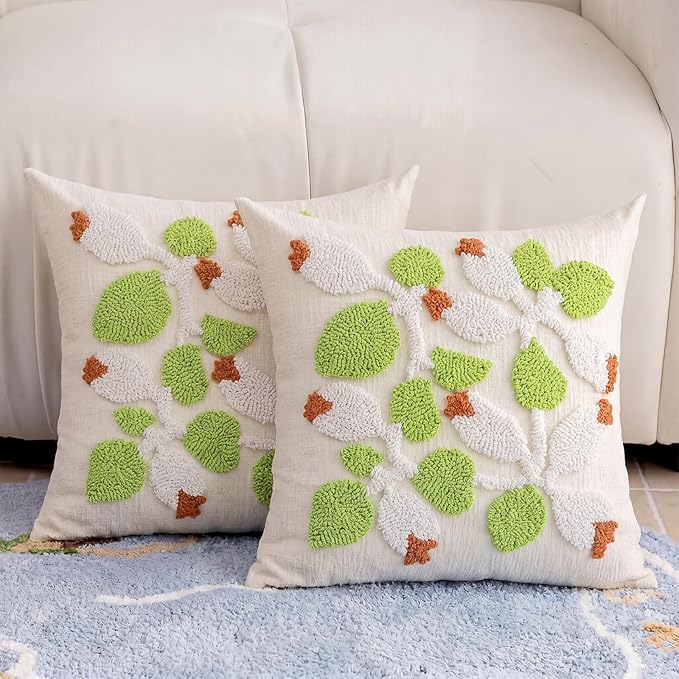 Summer Floral Throw Pillow Covers 20x20 Inch Set of 2, Chenille Embroidered Pillowcase with 3D Tufted White Flowers and Green Leaves, Boho Decorative Cushion Covers for Couch Sofa Bed